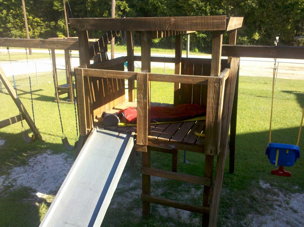 The First United Methodist Church in Grand Bay gave me permission to sleep anywhere outside. I chose the playground fort, just above the slide, where I just barely was able to squeeze in diagonally. 
