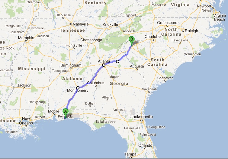 My tentative 500-mile route from Pensacola to Greenville, South Carolina