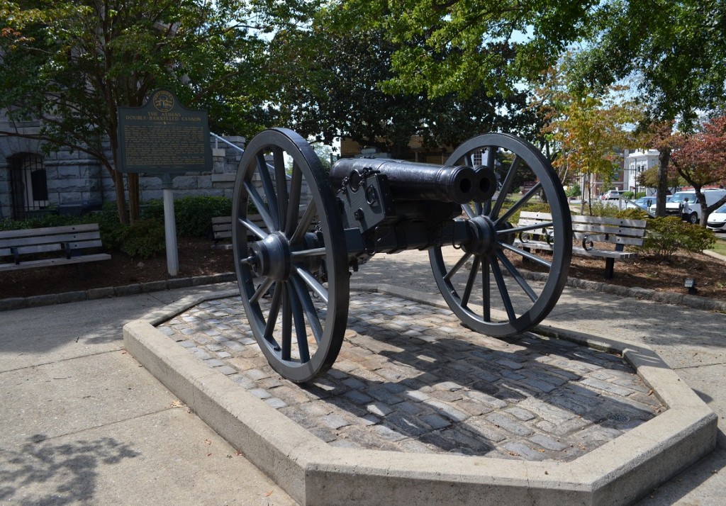 The only one of its kind known of, Athens created the double-barrel cannon during the Civil War. It was designed to have twin cannon balls with an attached chain fire simultaneously, to cut across and mow down any advance Union troops "like a scythe to wheat". The idea was a complete failure; they could never perfect the simultaneous firing of the cannon balls...   