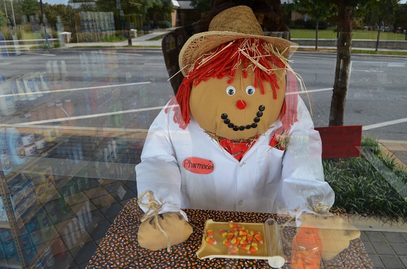 Behind the window of the local pharmacy, the scarecrow counts out a prescription for candy corn!
