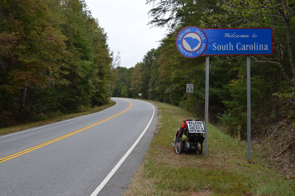 As I had to cross the Savannah River to enter South Carolina, the first couple of miles of SC are uphill. Less than a mile into the day, I pass the official sign! :) 